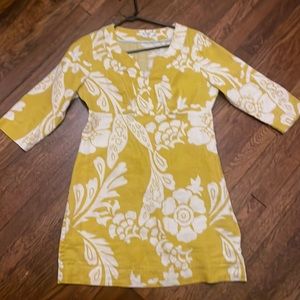 Boden Yellow Floral Linen Tunic Dress 3/4 Sleeve Women's Size 8R